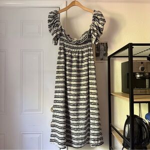 NWOT INTENTIONALLY BLANK grey black striped smocked square neck puff sleeve midi